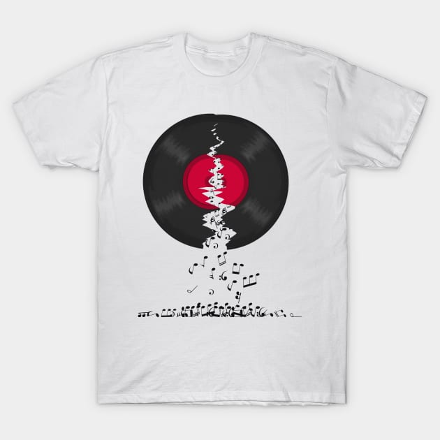 Broken LP Vinyl Record Spilling Notes T-Shirt by Nerd_art